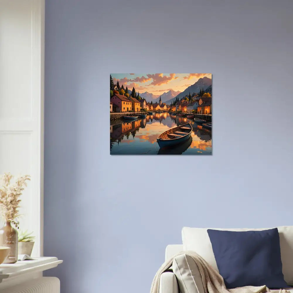 Lakeside village scene with tranquil water reflections in a Fine Art Poster by PixiOnyx