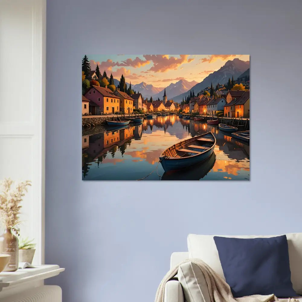 Painting of a picturesque canal town with tranquil reflections in evening light