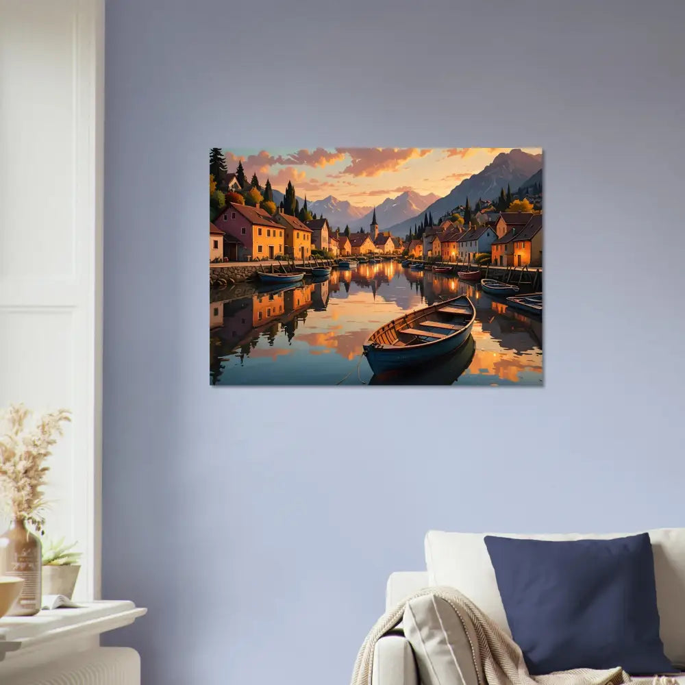 Picturesque lakeside village painting from Fine Art Poster Evening Glow on Water PixiOnyx