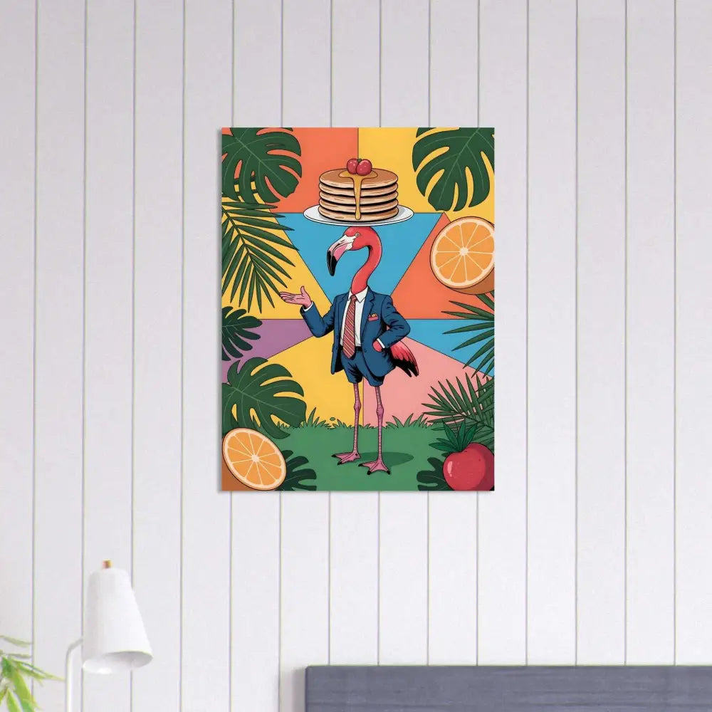Fine art poster of a flamingo waiter balancing pancakes with tropical leaves and fruit