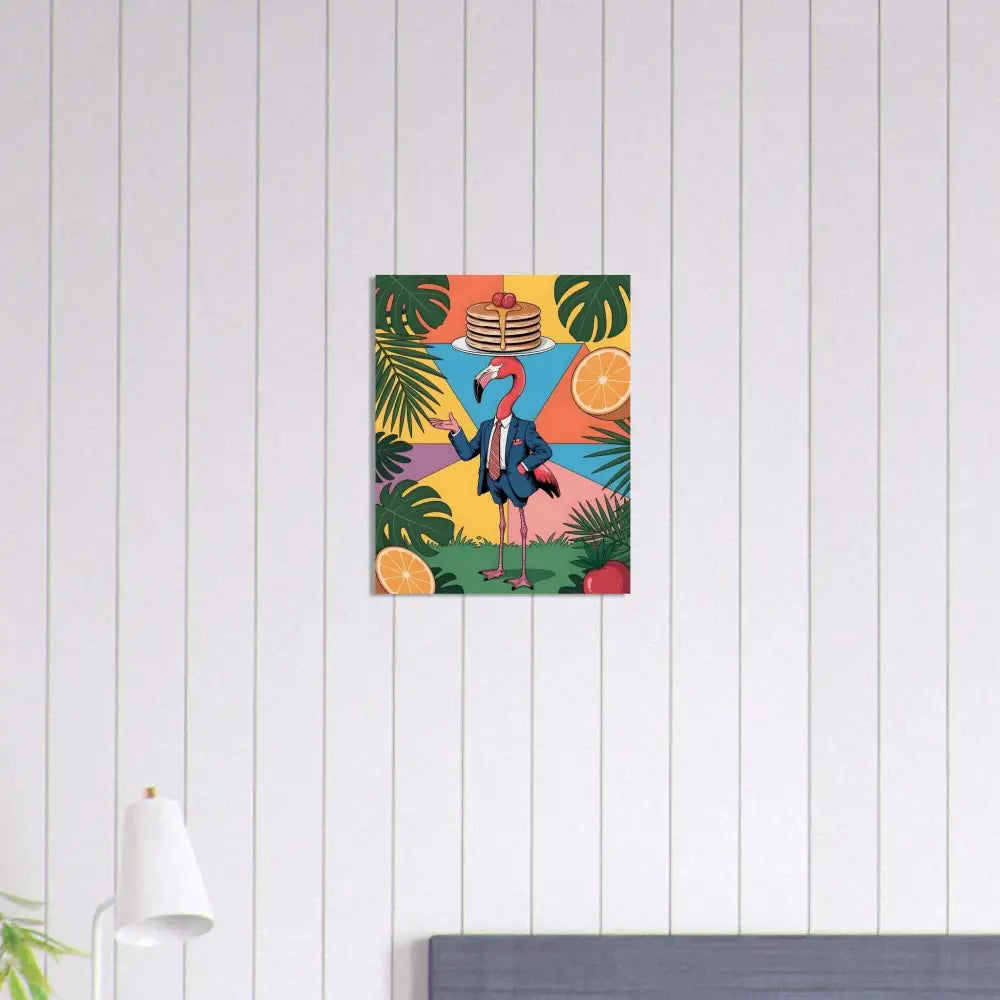Colorful fine art poster of a flamingo waiter balancing pancakes amid tropical leaves and fruit