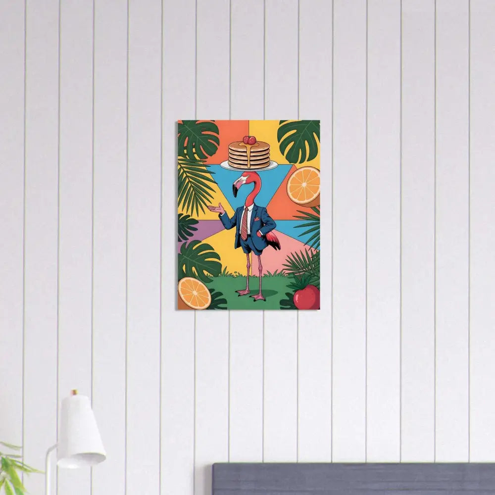 Whimsical flamingo waiter fine art poster with tropical leaves and fruit display