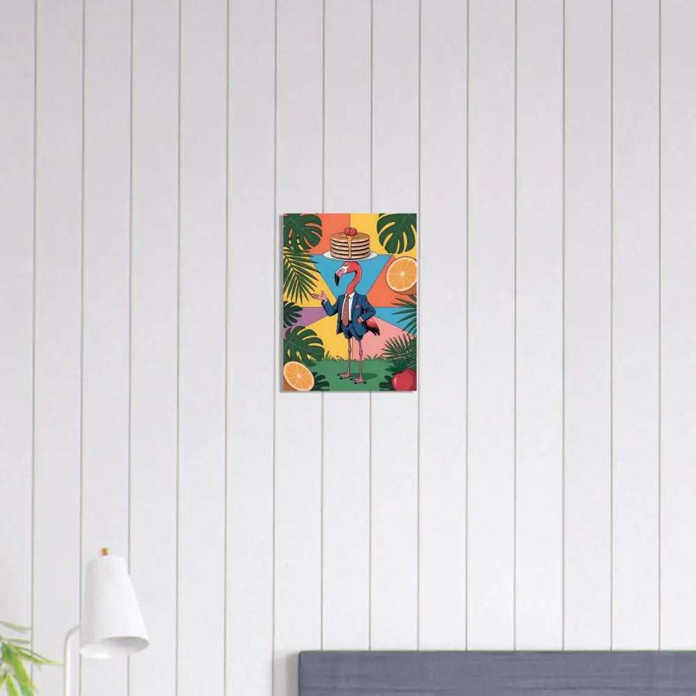 Fine art poster of a flamingo waiter with pancakes, tropical leaves, and fruit