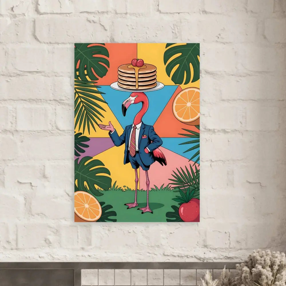 Vibrant fine art poster of a flamingo waiter with pancakes, tropical foliage, and citrus slices