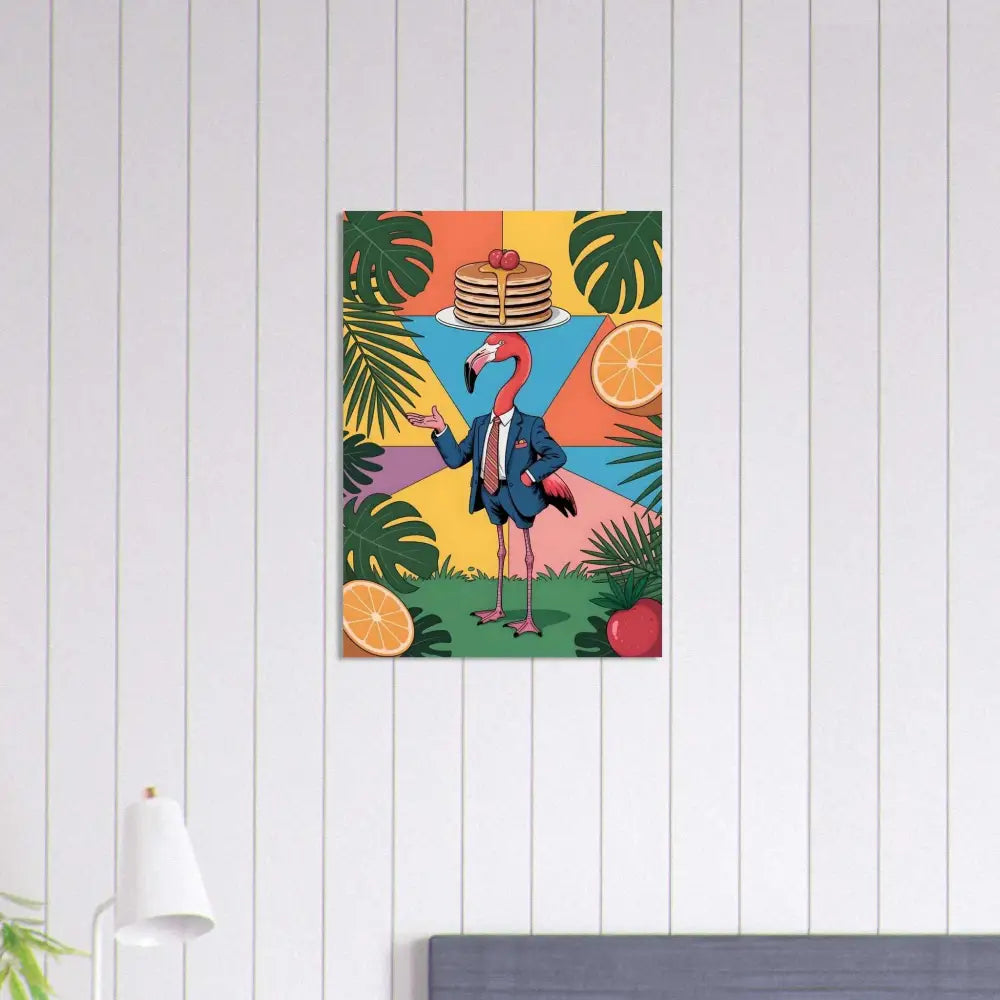Colorful fine art poster of a flamingo waiter with pancakes and fruit illustration
