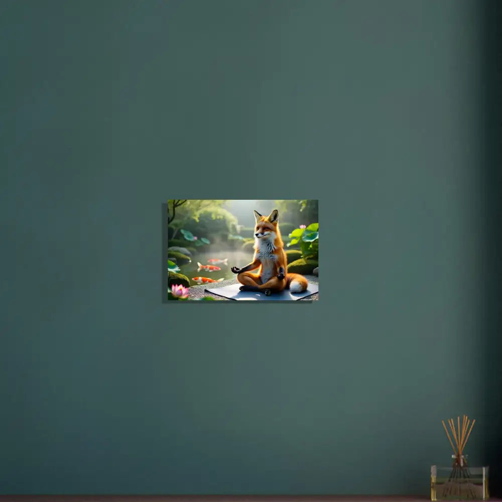 Fox meditating by a pond in a Zen-inspired pet art poster titled Fine Art Poster Foxasana PixiOnyx Zen Reverie Print