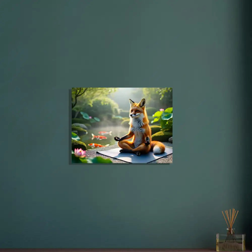 Fox meditating by tranquil pond in Fine Art Poster Foxasana PixiOnyx Zen Reverie Print