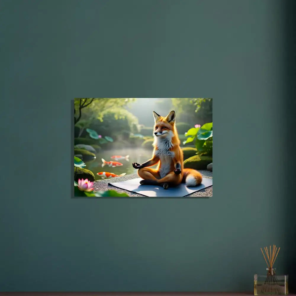 Fox meditating in a serene pond, featured in Fine Art Poster Foxasana PixiOnyx Zen Reverie Print