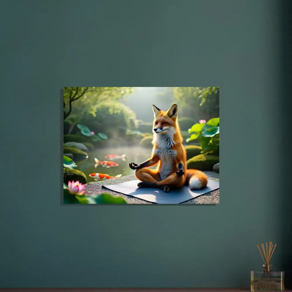 Fine Art Poster of a fox meditating in a peaceful pond setting for Zen decor