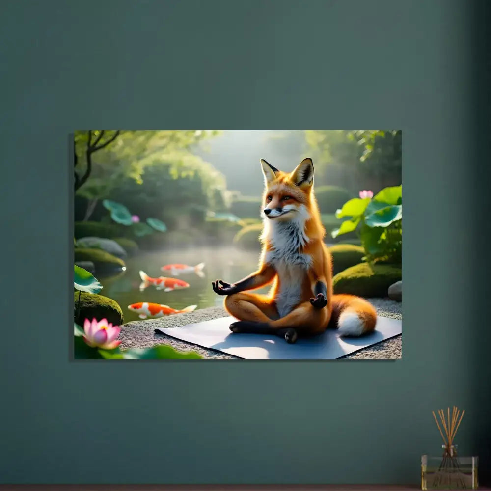 Fox meditating in a garden on Fine Art Poster Foxasana PixiOnyx Zen Reverie Print