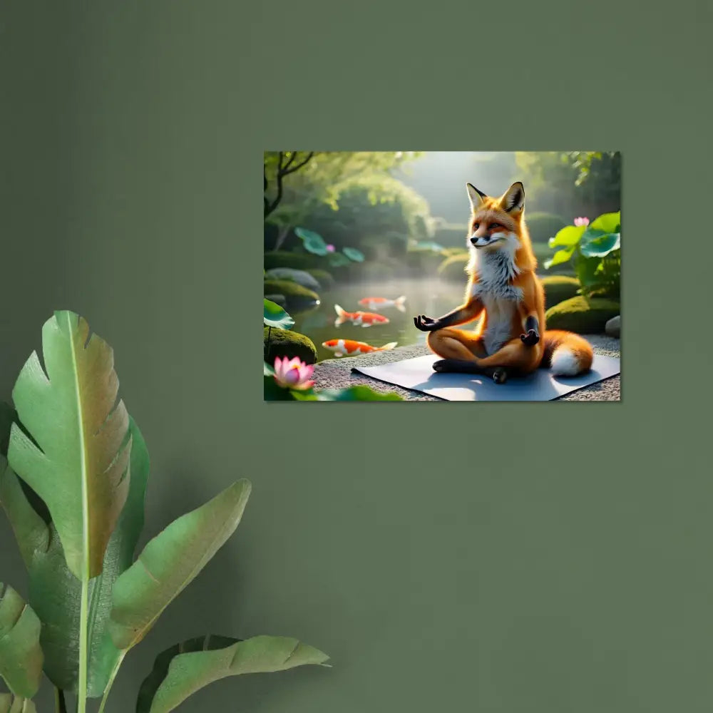 Fox meditating in a tranquil pond scene on Fine Art Poster Foxasana PixiOnyx Zen Reverie Print