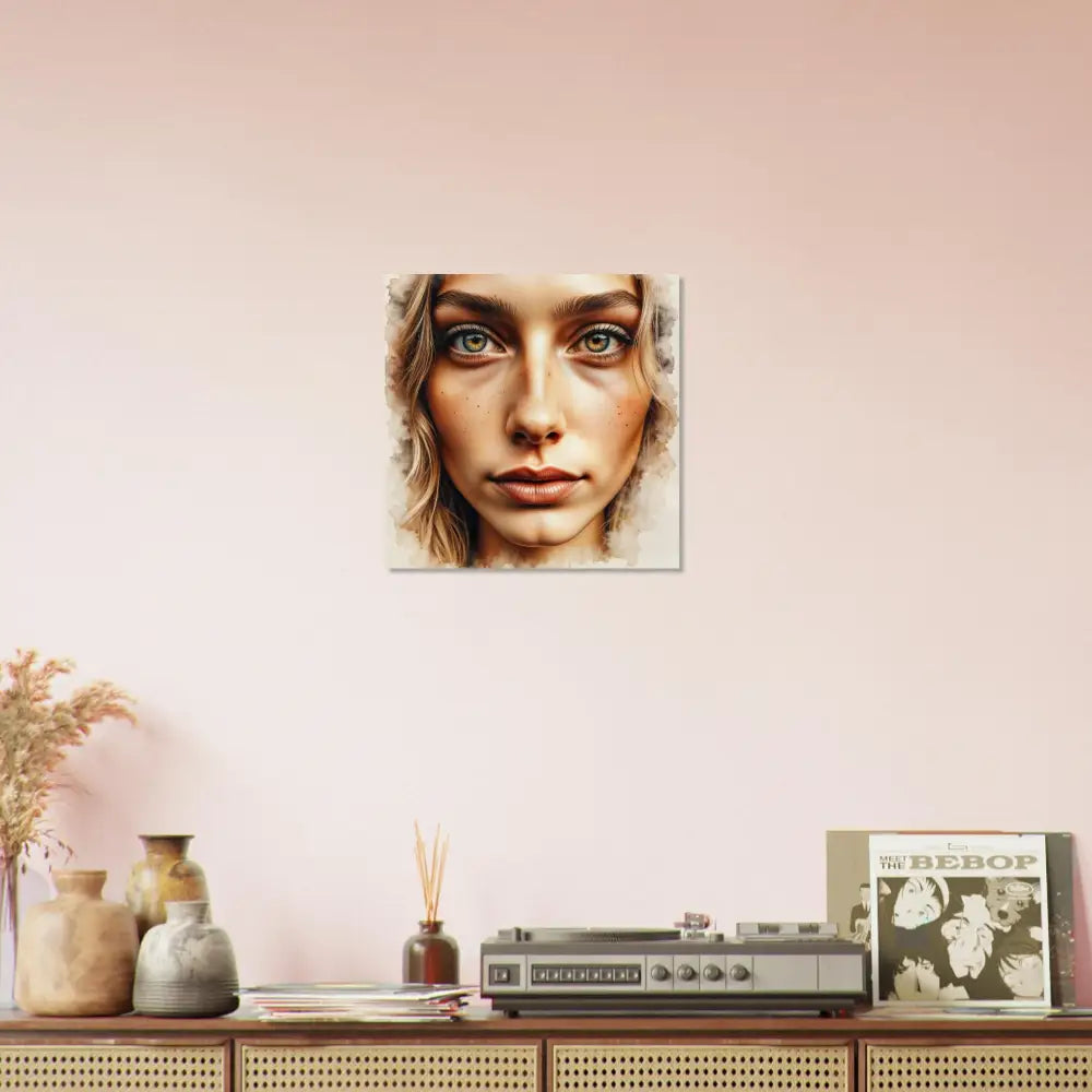 Framed watercolor portrait fuses digital art with a piercing stare captured close-up face