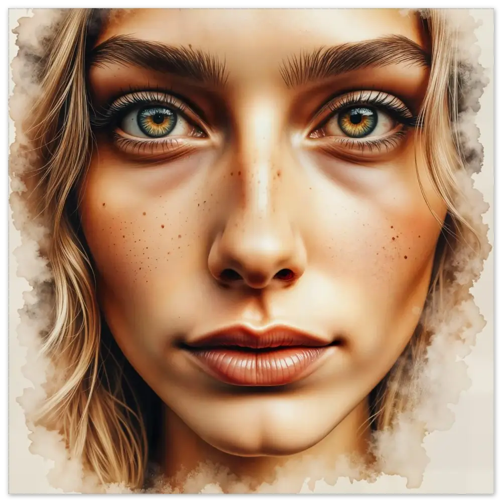Close-up portrait fuses a freckled face with piercing stare captured and striking green eyes