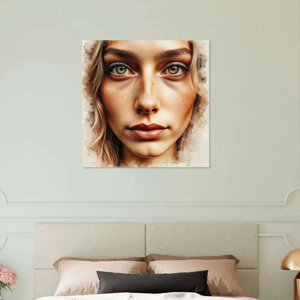 Watercolor portrait of a woman with green eyes and freckles showcasing a piercing stare captured