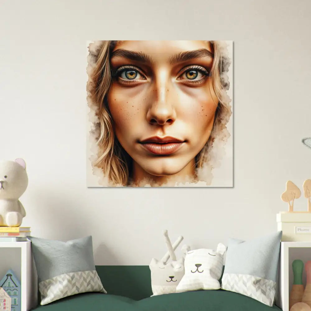 Framed watercolor portrait of a woman with green eyes and wavy blonde hair showcasing piercing stare captured