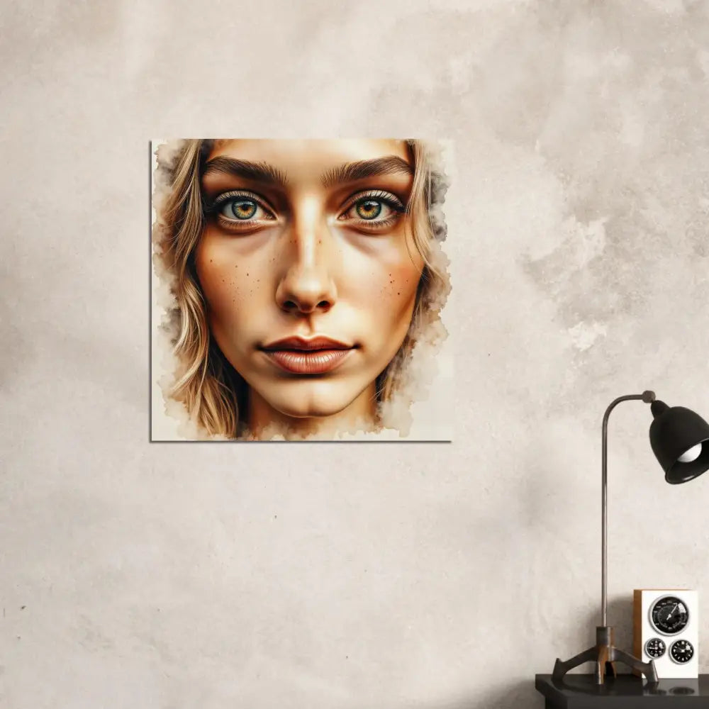 Watercolor-style close-up portrait fuses a freckled woman’s face with piercing stare captured