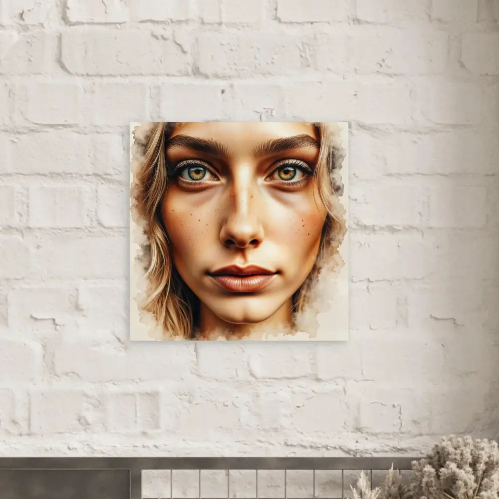 Framed watercolor portrait of a woman with light green eyes and wavy blonde hair showcasing piercing stare captured