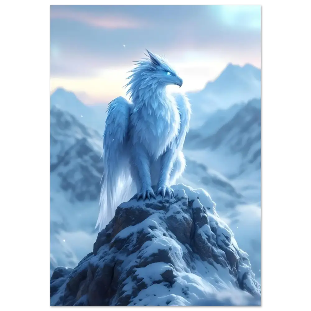 Icy white griffin artwork on the Fine Art Poster Frostpeak Gryphon PixiOnyx Dreamscape Display