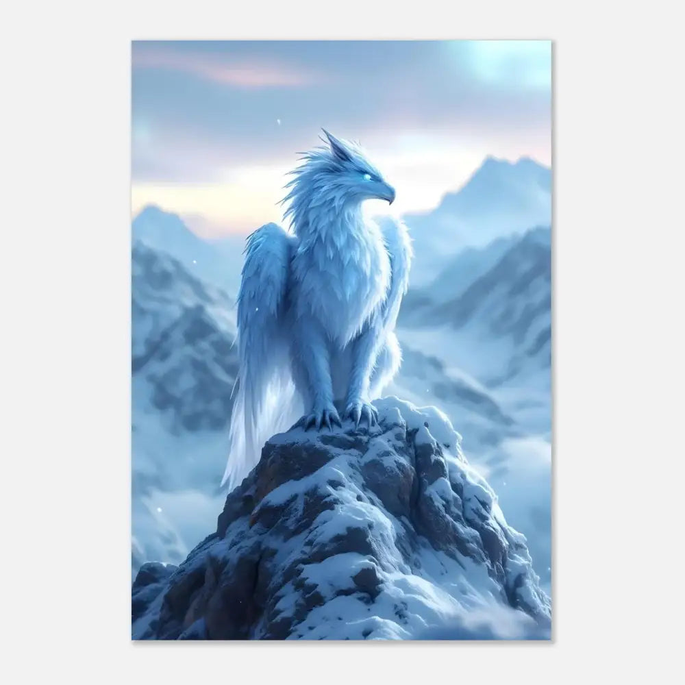 Majestic white griffin perched on a snowy peak in PixiOnyx Frostpeak Gryphon Art Poster