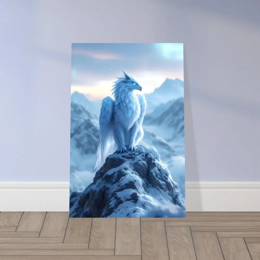 Majestic white griffin perched on snowy peak in PixiOnyx Frostpeak Gryphon art poster
