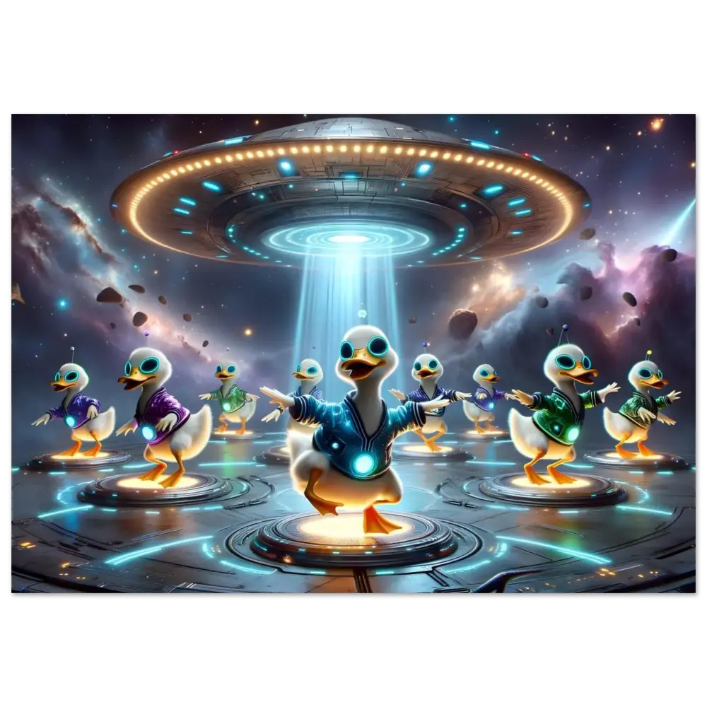 Alien ducks dancing under a UFO on the PixiOnyx Galactic Dance Crew poster