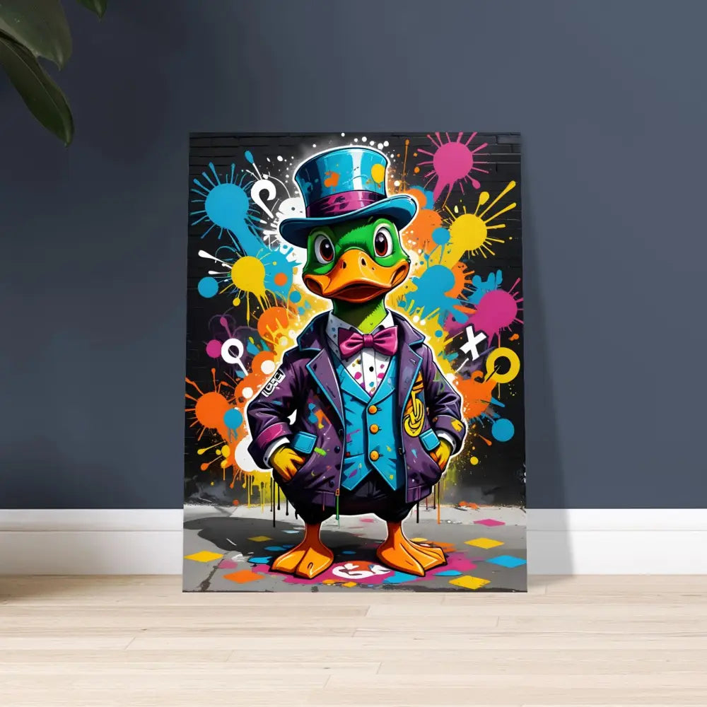 Cartoon duck in suit and top hat on Fine Art Poster Gangster Duck Swagger by PixiOnyx