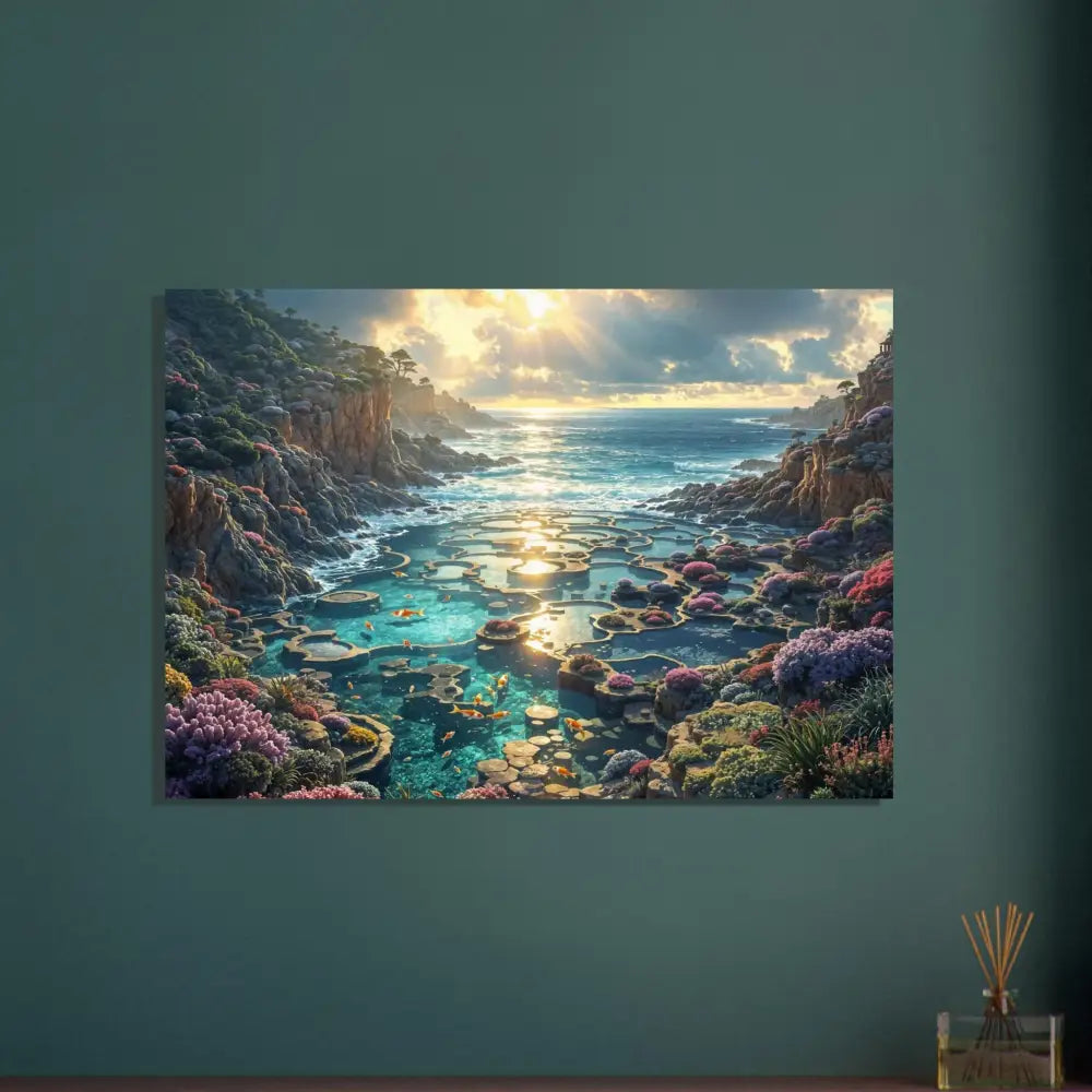 Coastal landscape art poster showcasing a vibrant ocean tide garden scene