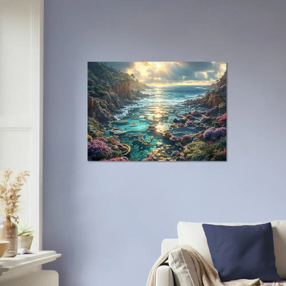 Coastal landscape wall art displayed on Fine Art Poster Garden of the Tides by PixiOnyx