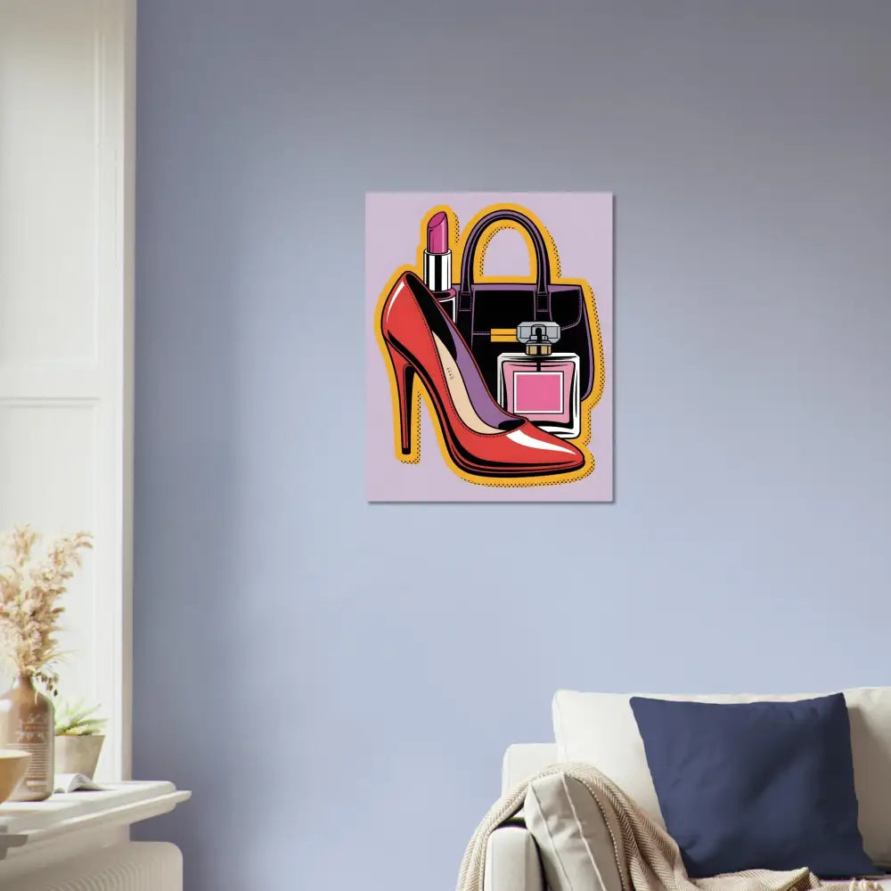Fine art poster Glam Slam featuring fashion accessories including a red high heel and perfume