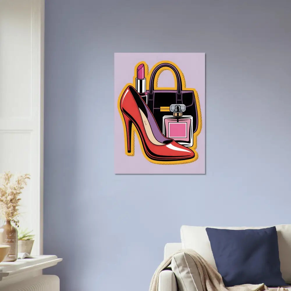 Fine art Glam Slam pop art canvas print with red high heel and black handbag