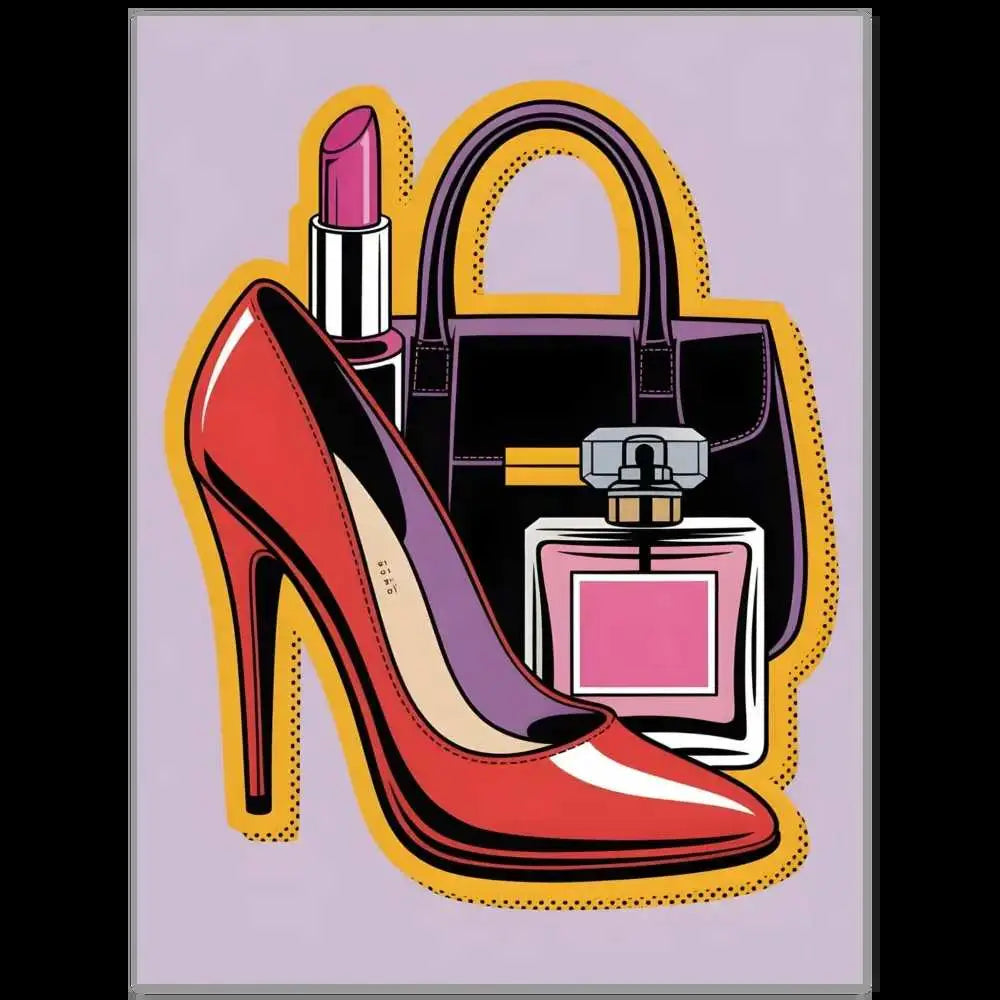 Fine art glam slam 12-color giclée fine poster with red high-heel, black handbag, pink lipstick, and perfume bottle
