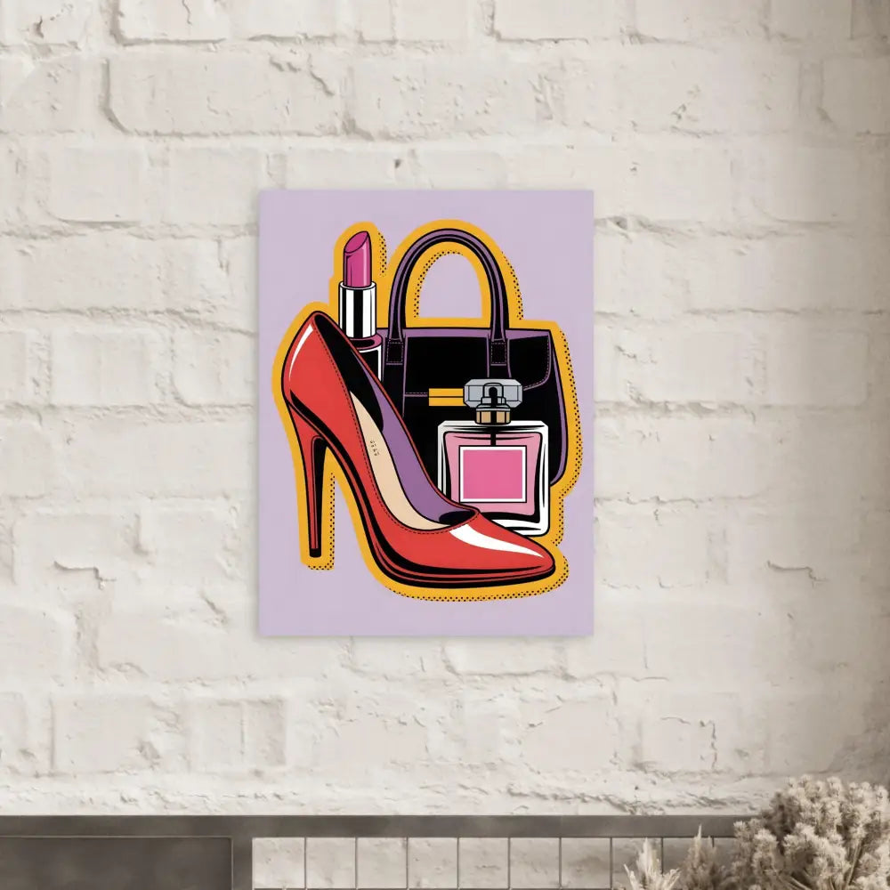 Fine art poster Glam Slam featuring a red high heel, black handbag, lipstick, and perfume bottle
