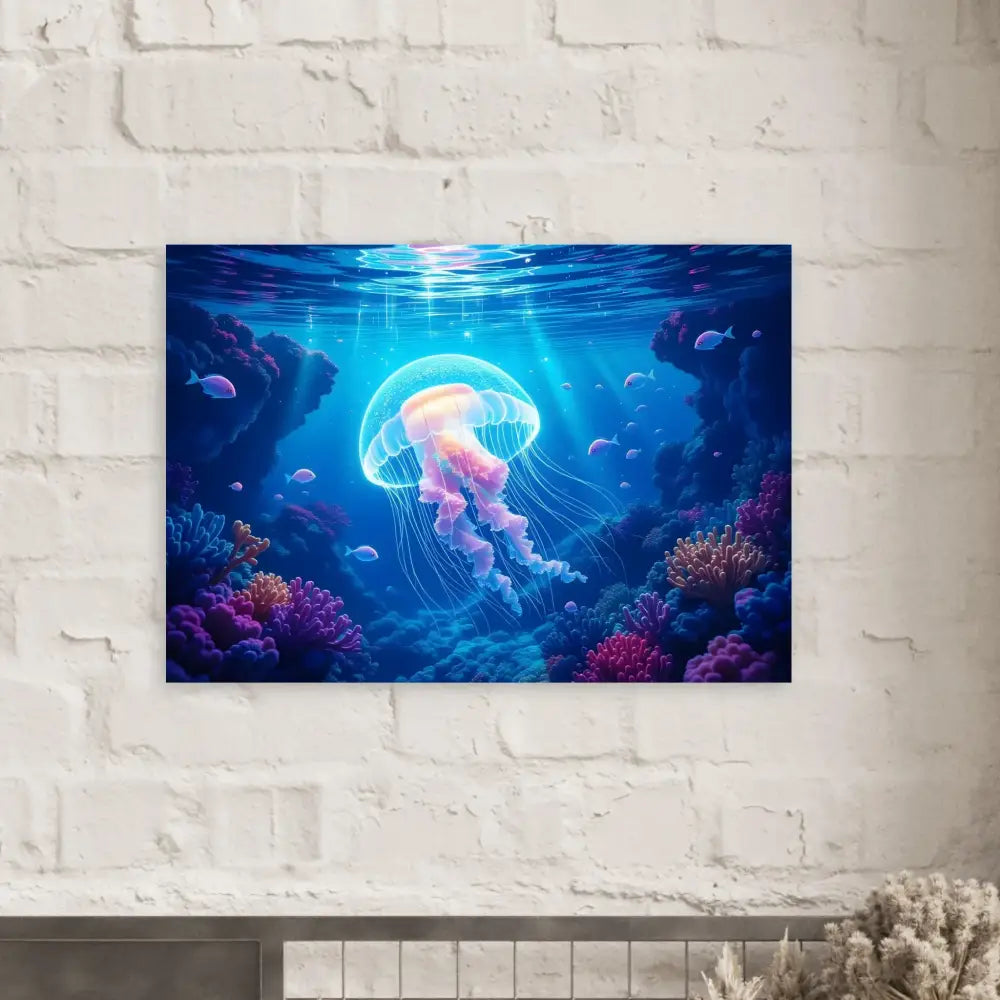 Vibrant Jellyfish Underwater Scene on Fine Art Poster Glowing Wanderer Cosmic Drift