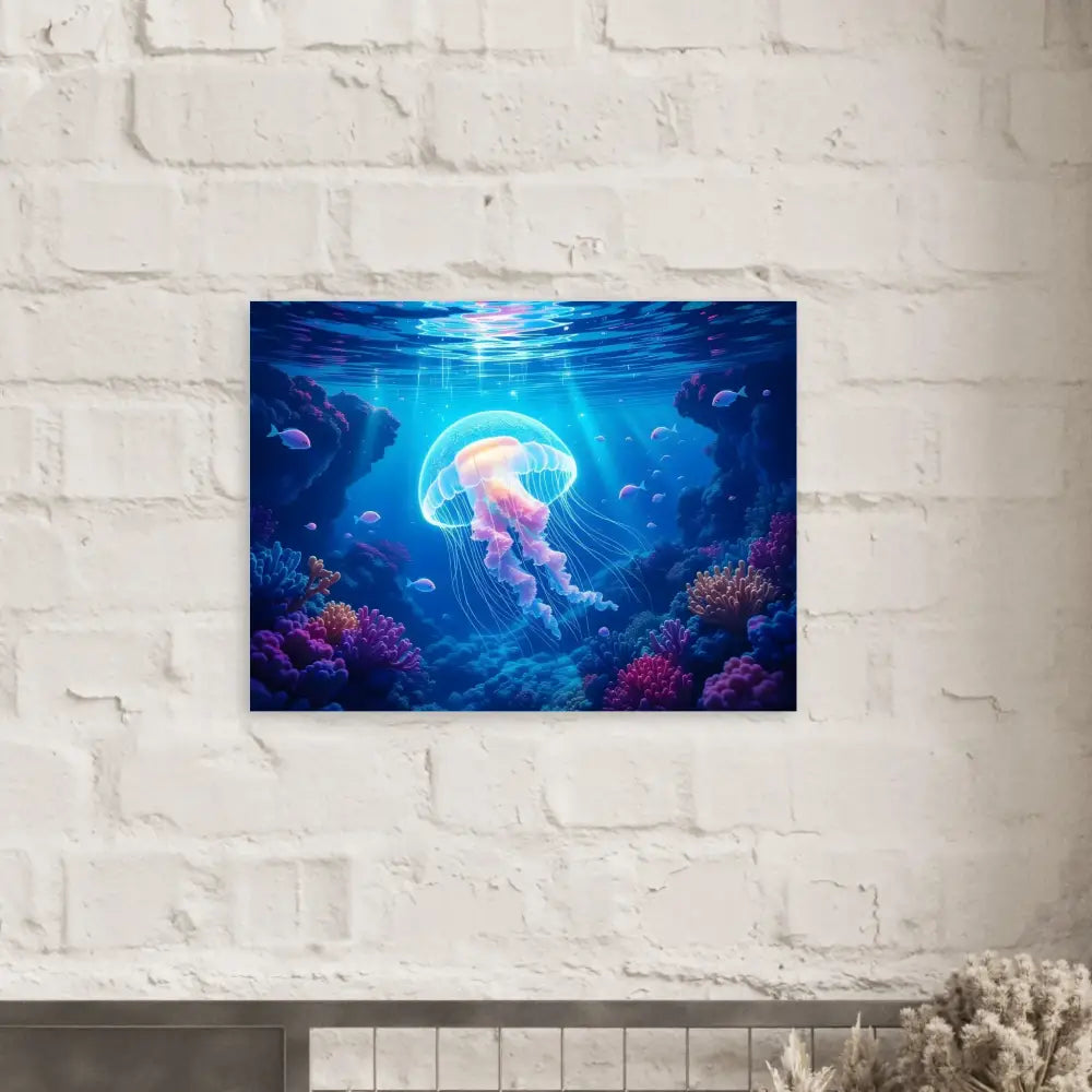 Vibrant jellyfish underwater artwork on Fine Art Poster Glowing Wanderer Cosmic Drift