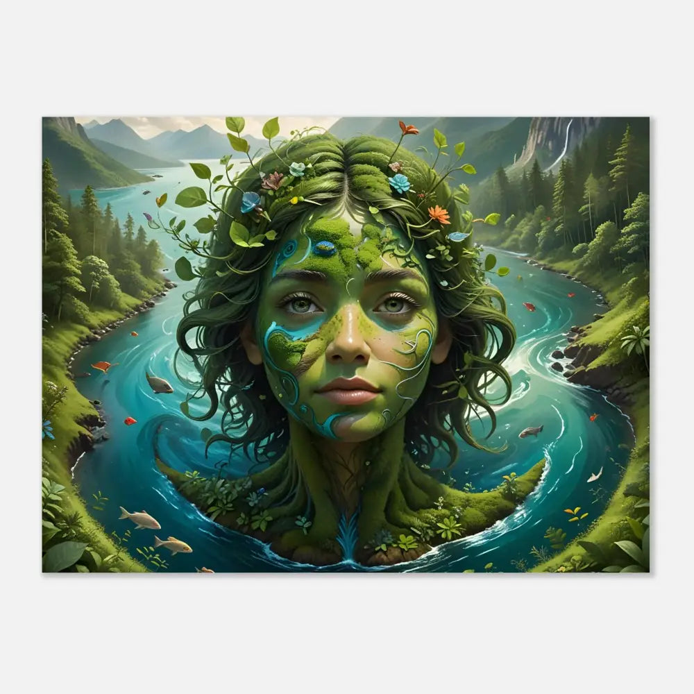 Mother Earth portrait with river and forest in PixiOnyx Green Goddess Fine Art Poster