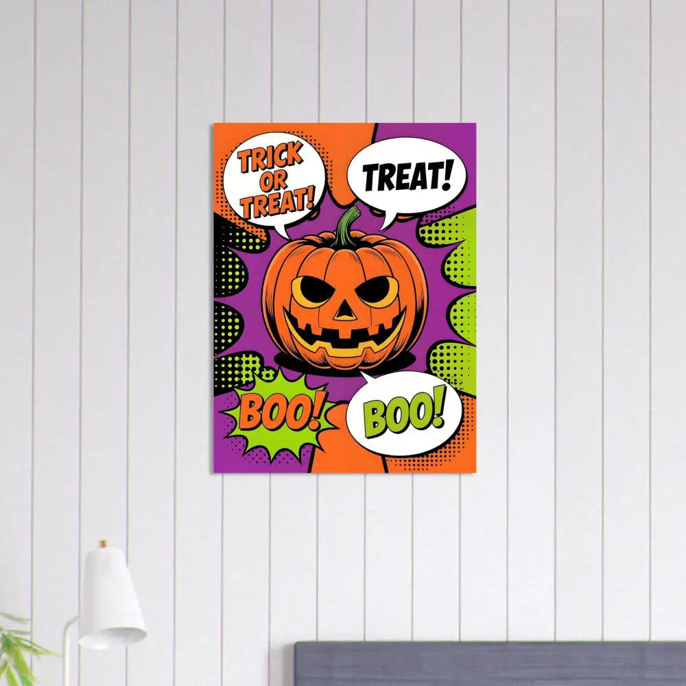 Halloween pop art canvas print featuring a pop art pumpkin with speech bubbles for PixiOnyx