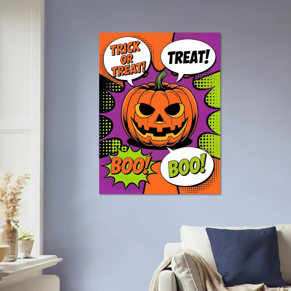 Colorful Halloween Pop Art Pumpkin poster for Trick-or-Treat displays at PixiOnyx