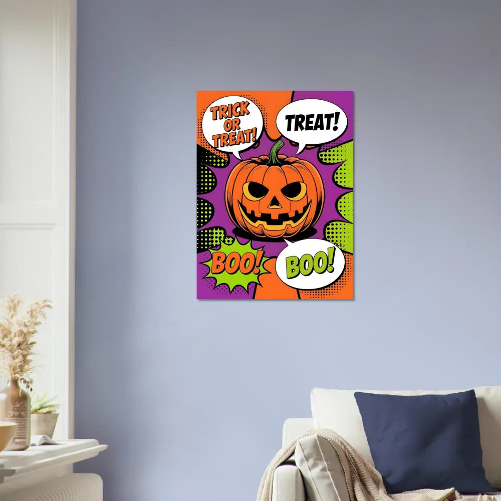 Colorful Halloween pop art poster featuring a pop art pumpkin with speech bubbles