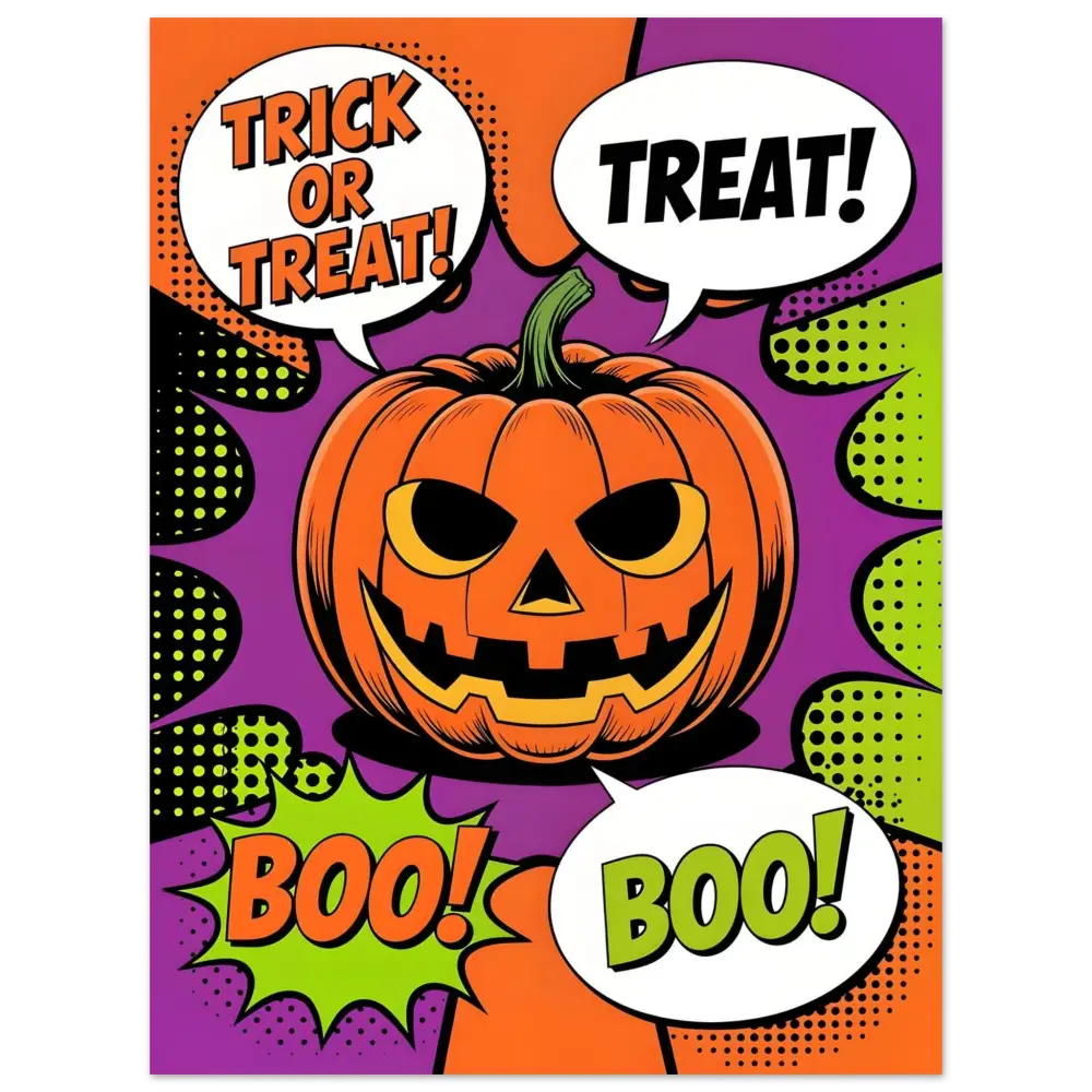 Vibrant Halloween Pop Art poster with a pop art pumpkin and jack-o’-lantern design