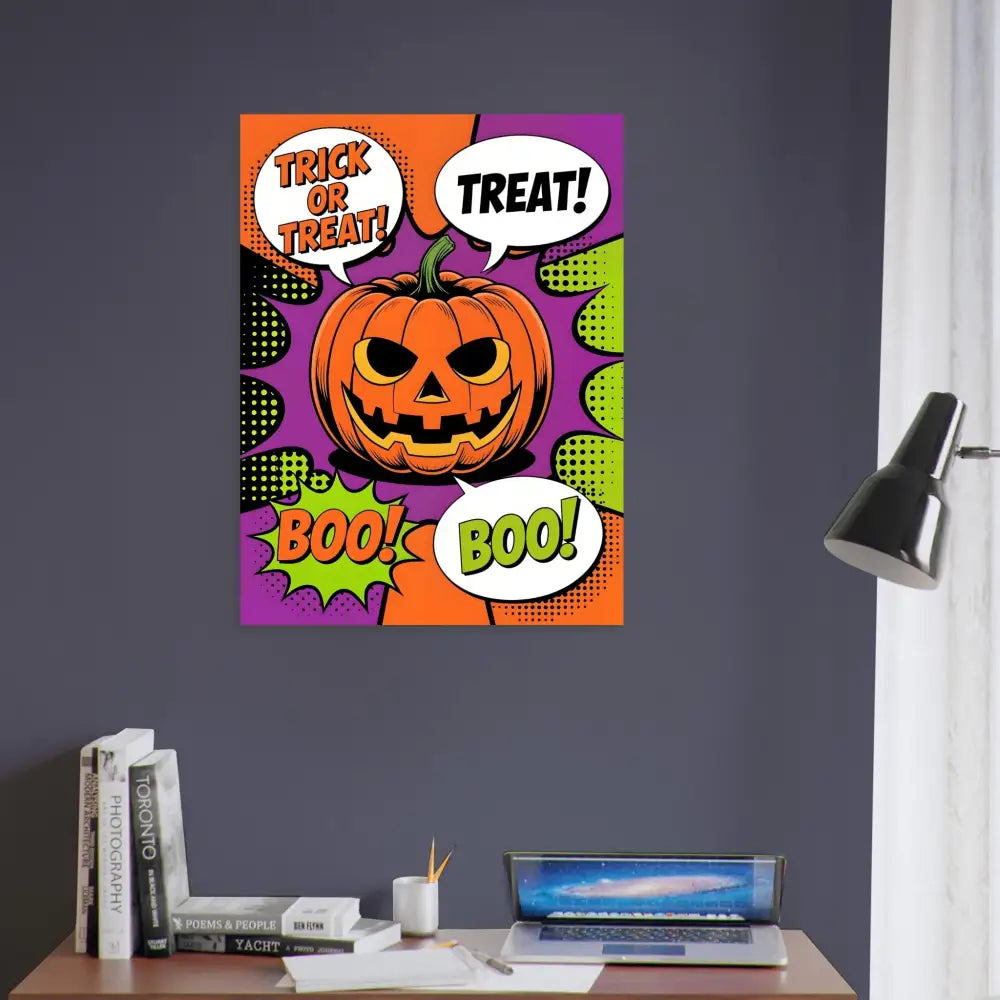 Halloween pop art print featuring a pop art pumpkin and jack-o’-lantern design