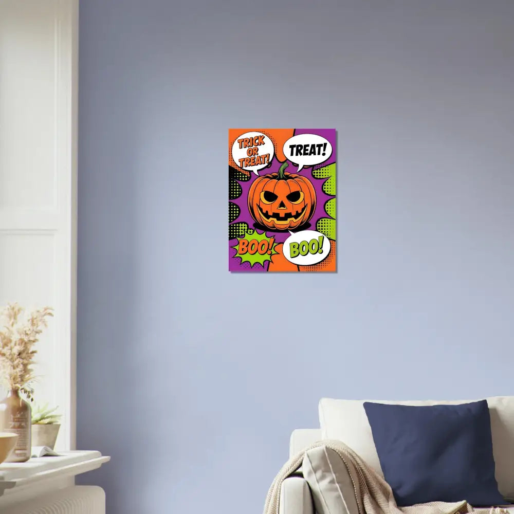 Halloween pop art wall print featuring a vibrant pop art pumpkin for Trick-or-Treat displays
