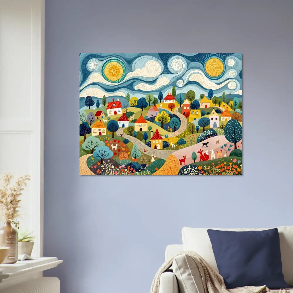 Colorful Village Scene Artwork on Fine Art Poster Hillside Harmony PixiOnyx Folk Village Print