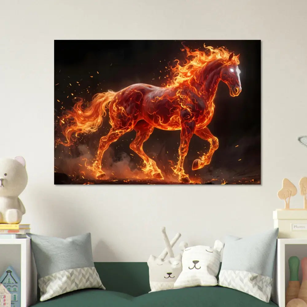 Fine art poster of Inferno Stallion capturing fiery power with glowing eyes and flames