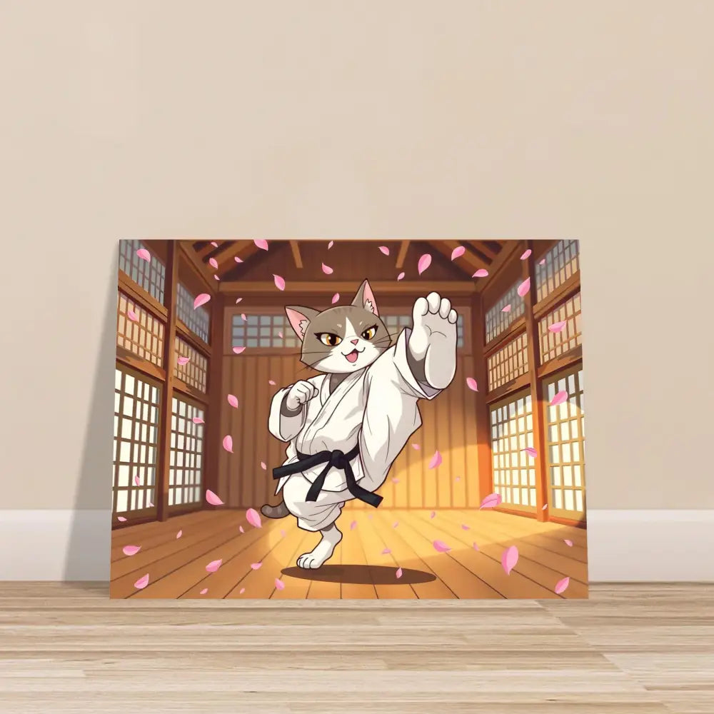 Cartoon cat in karate uniform for Fine Art Poster Karate Cat Cherry Blossom Showdown