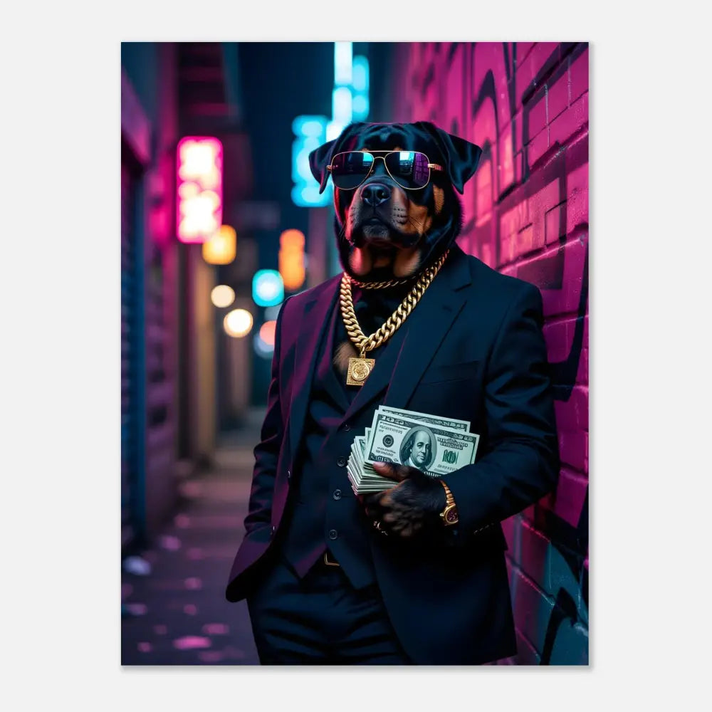 Rottweiler in suit with money for PixiOnyx Urban Swagger Print poster