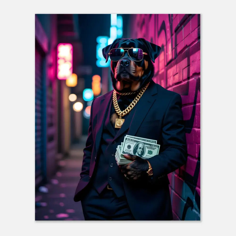 Rottweiler in suit holding money for PixiOnyx Urban Swagger Print poster