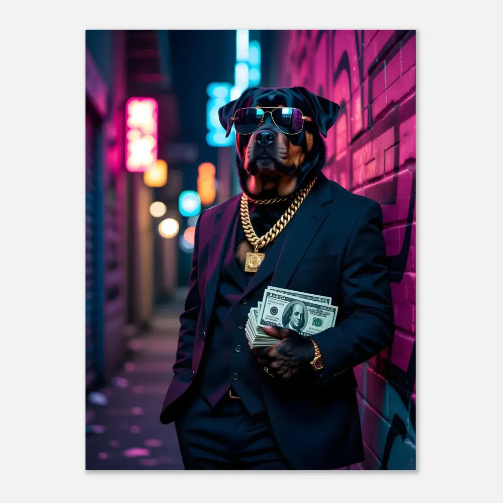 Rottweiler in suit with money for PixiOnyx Urban Swagger Print poster