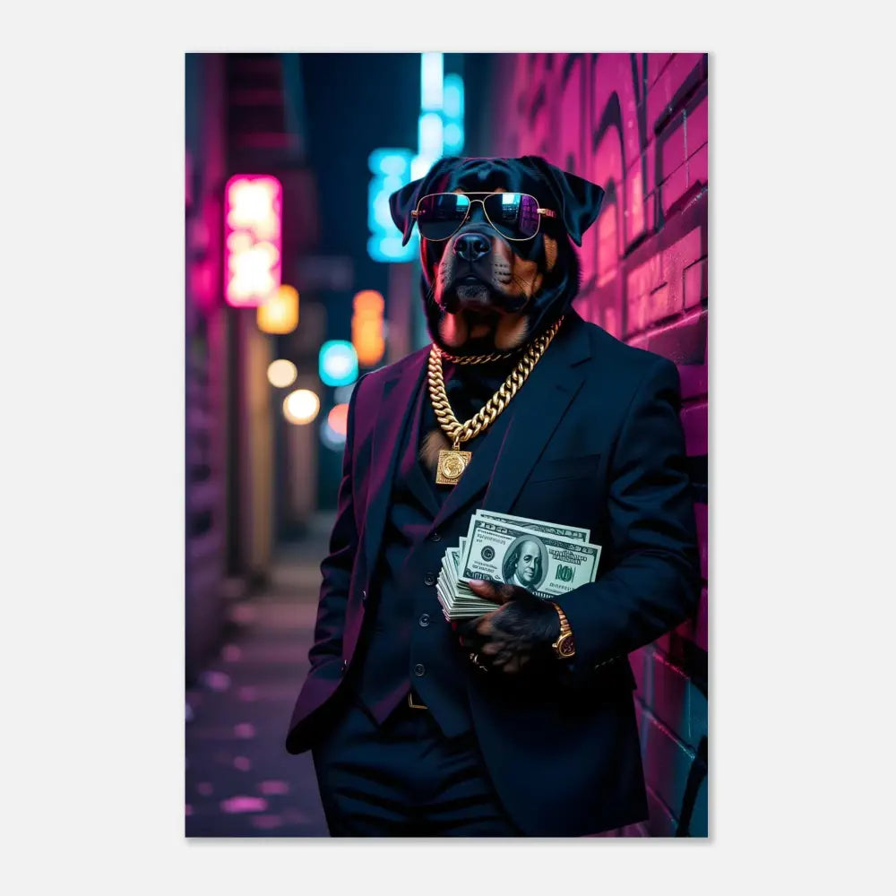 Rottweiler in a suit with money from PixiOnyx Urban Swagger Print poster