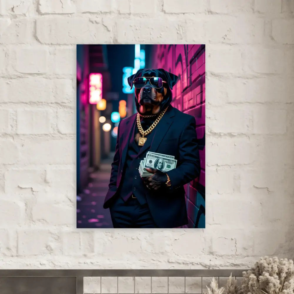 Rottweiler in suit with money for PixiOnyx Kingpin K9 Urban Swagger Poster