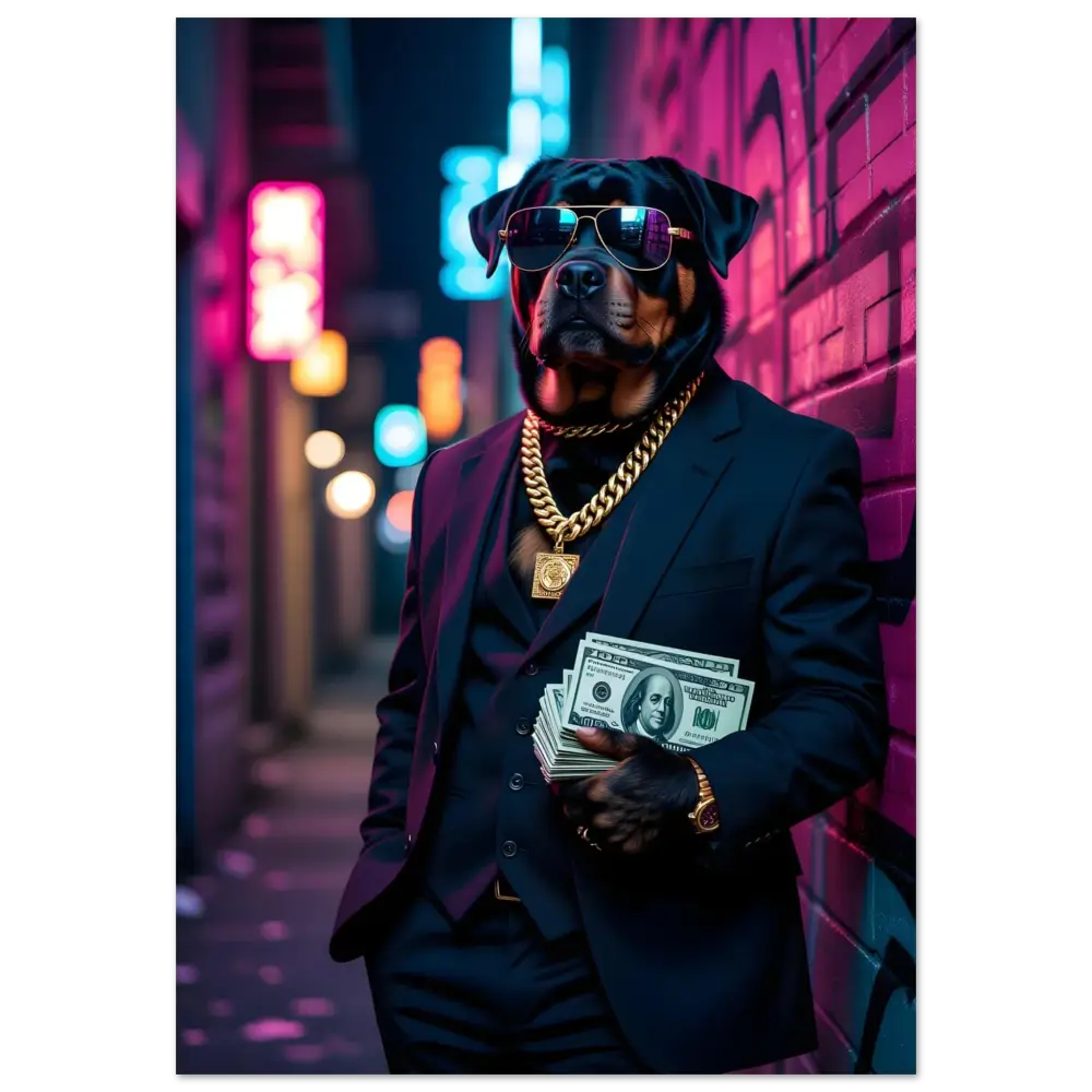 Rottweiler dog in sunglasses gold chain and suit holding money urban swagger art